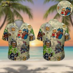 Hawaiian shirt pirate design with colorful tropical print featuring pirates, skulls and treasure chests