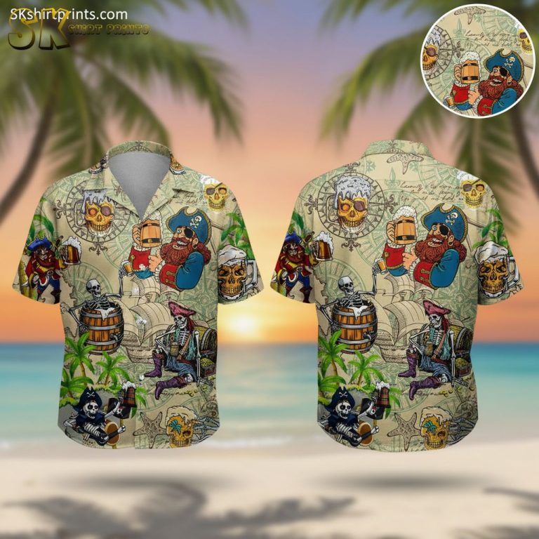Pirate Skull Hawaiian Shirt For Men – Treasure Chest Beer Drinking Skeleton Button Down Short Sleeve