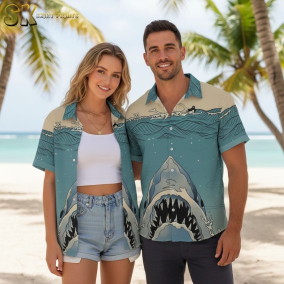 Hawaiian shirt shark design with blue ocean wave pattern and marine life