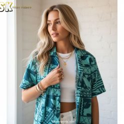 Hawaiian shirt shark design size chart showing measurements and fit specifications