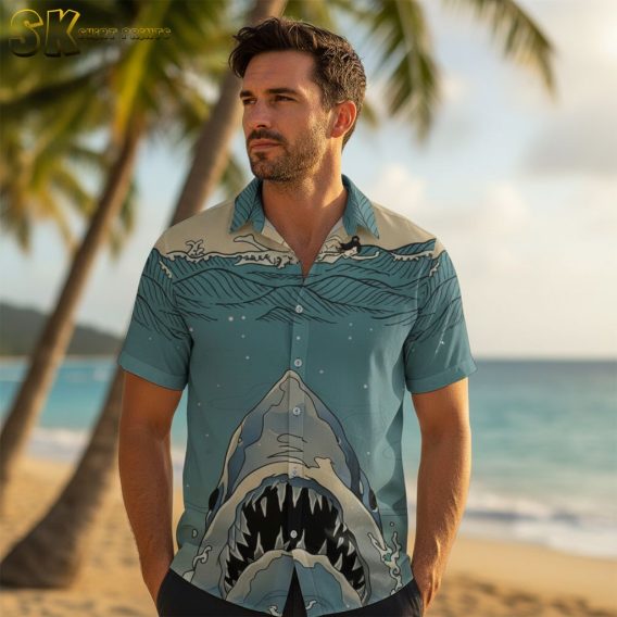 Collection of Hawaiian shirt with sharks showing various color options and designs
