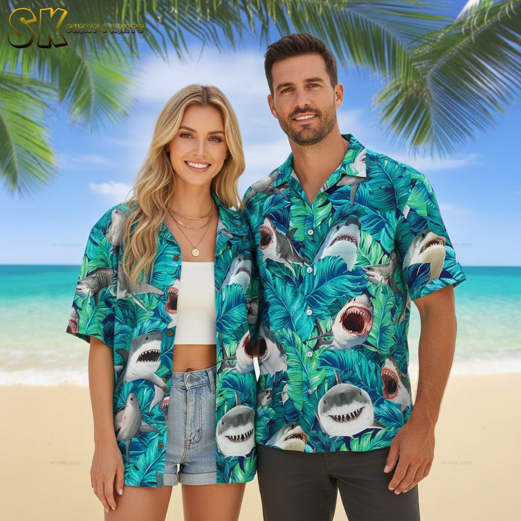 Model wearing Hawaiian shirt with sharks pattern in outdoor summer setting