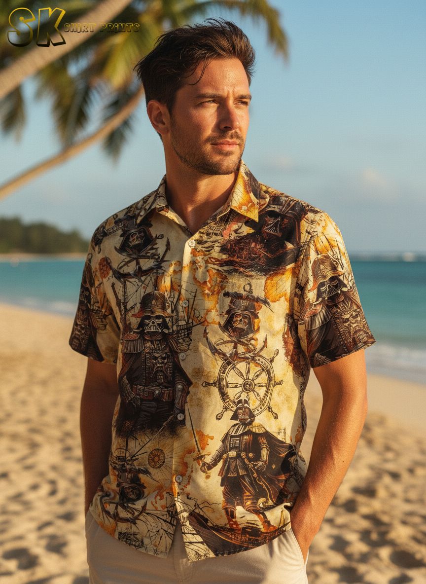 Multiple custom Star Wars Hawaiian shirt designs displayed side by side showing various galactic themes and patterns
