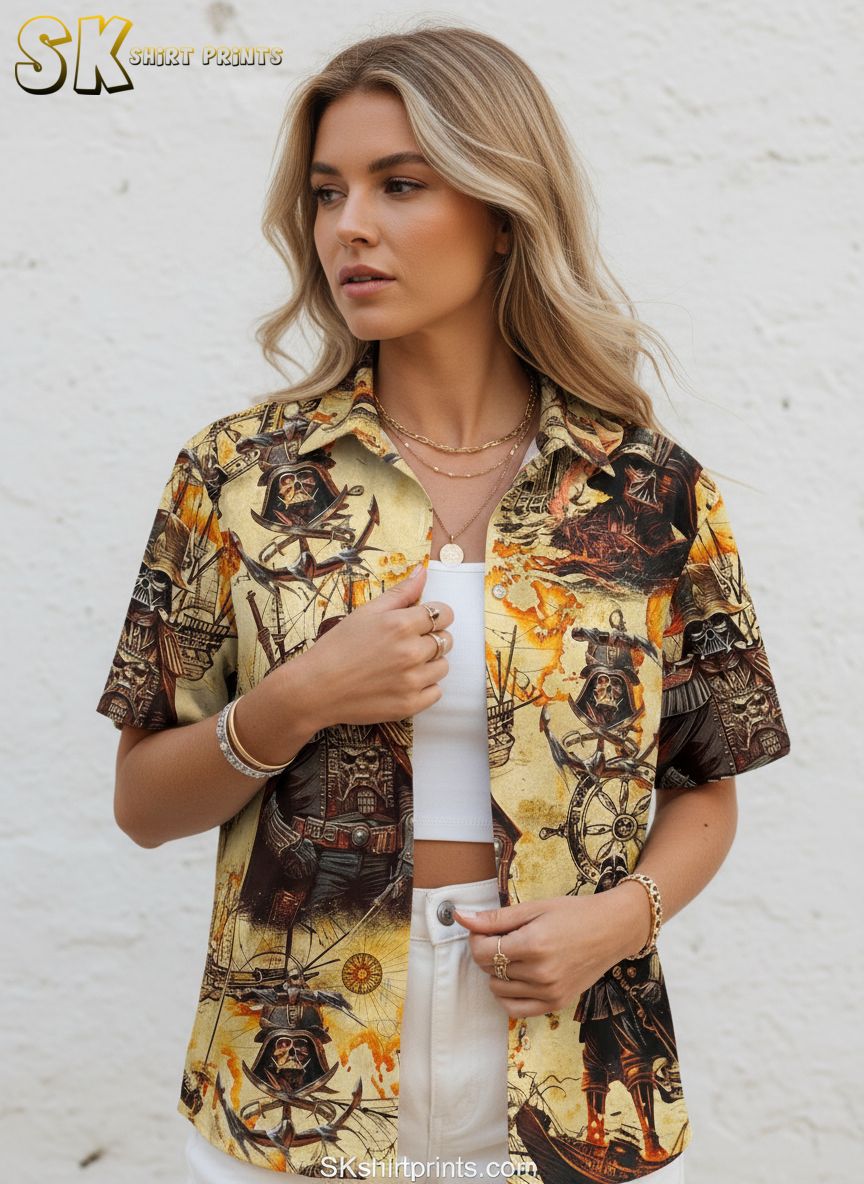 Multiple custom Star Wars Hawaiian shirt designs displayed side by side showing various galactic themes and patterns