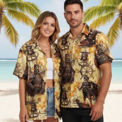 Size chart and fabric details infographic for Star Wars Christmas Hawaiian shirt with feature callouts visible