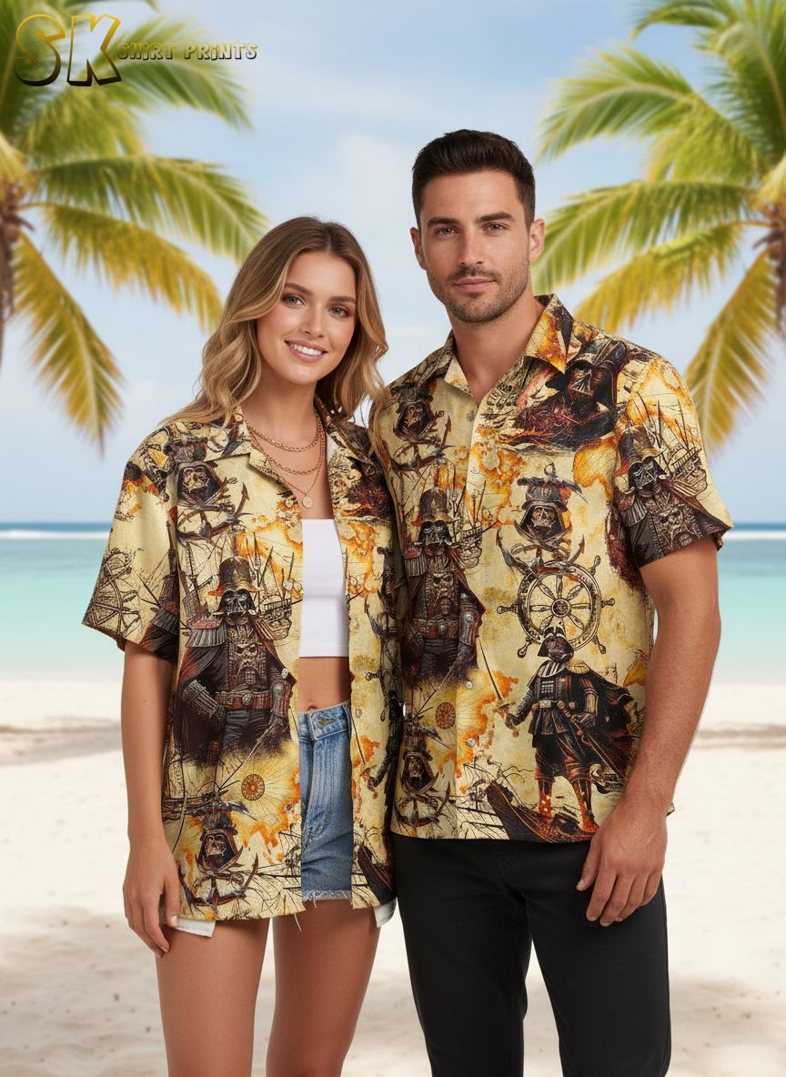 Size chart and fabric details infographic for Star Wars Christmas Hawaiian shirt with feature callouts visible