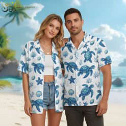 Model wearing turtle-themed Hawaiian shirt in gift presentation lifestyle scene