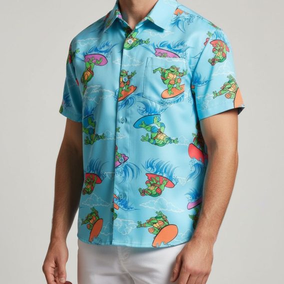 Person in turtle print Hawaiian shirt paired with turtleneck in relaxed lifestyle photo