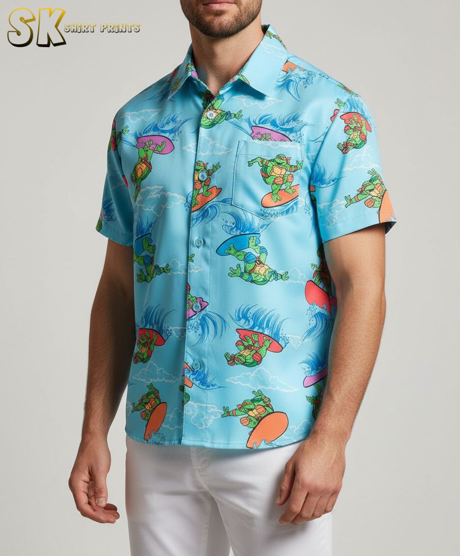 Person in turtle print Hawaiian shirt paired with turtleneck in relaxed lifestyle photo