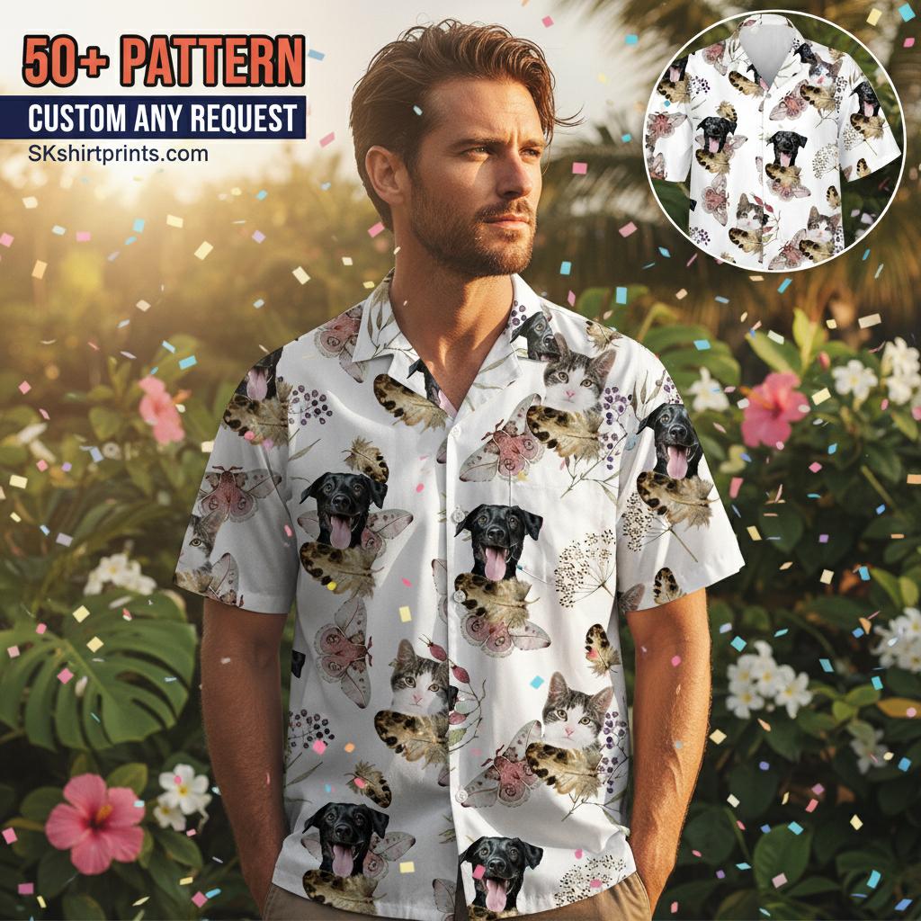 Custom hawaiian shirt with cat face featuring personalized pet photo surrounded by tropical flowers and palm patterns
