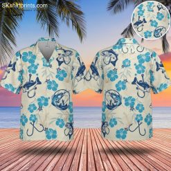 Hawaiian shirt with fish featuring blue hibiscus flowers and fishing hook design on light background