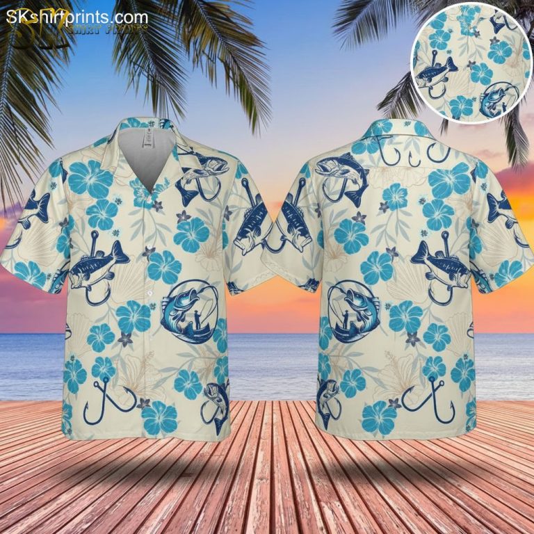 Blue Hibiscus Hawaiian Shirt with Fish and Fishing Hooks – Tropical Beach Button Down for Men