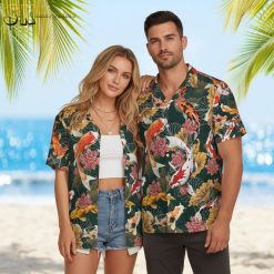 Hawaiian shirt with fish design showing colorful koi swimming among flowers