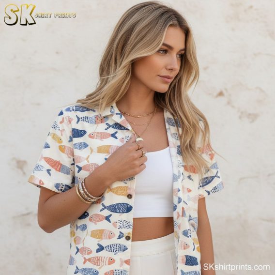 Hawaiian shirt with fish pattern size guide showing measurements and fit specifications for proper sizing
