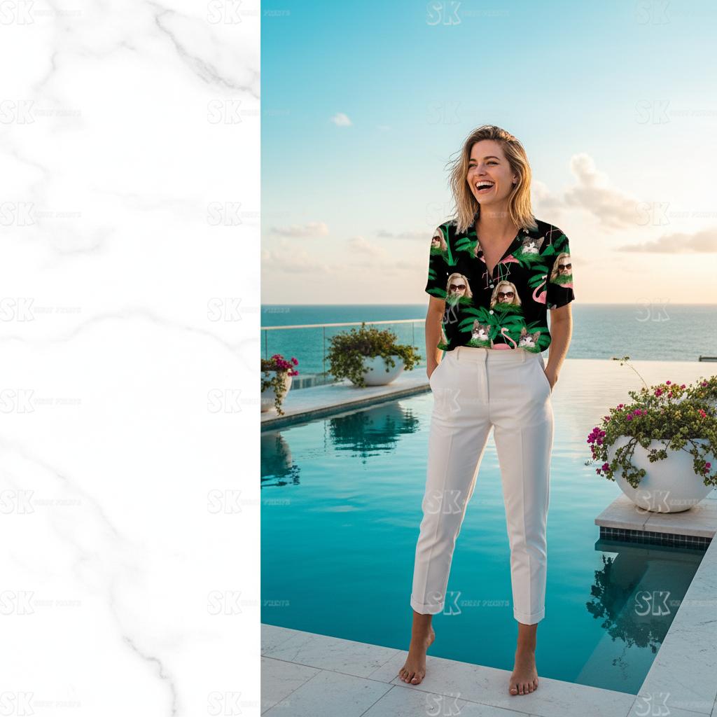 Vibrant hawaiian shirt with pink flamingos worn at tropical beach setting with palm trees and ocean backdrop