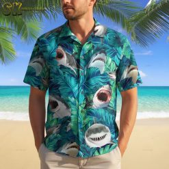 Collection overview displaying various shark Hawaiian shirt designs side by side