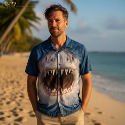 Collection of Hawaiian shirts with sharks in various colors and patterns