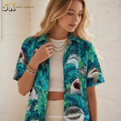 Size chart and fabric specifications infographic for shark print aloha shirt