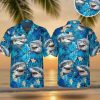 Hawaiian shirt with sharks tropical print featuring colorful shark patterns on beach background for men and women