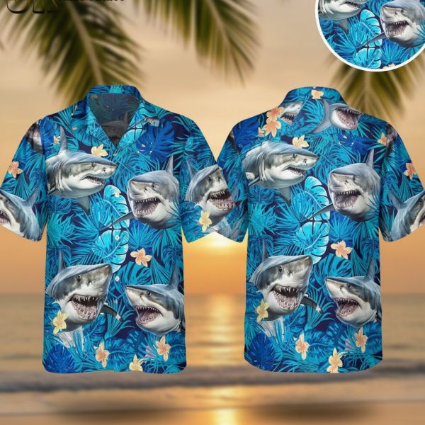 Shark Hawaiian Shirt for Men Women - Tropical Ocean Aloha Button Down Short Sleeve Beach Shirt
