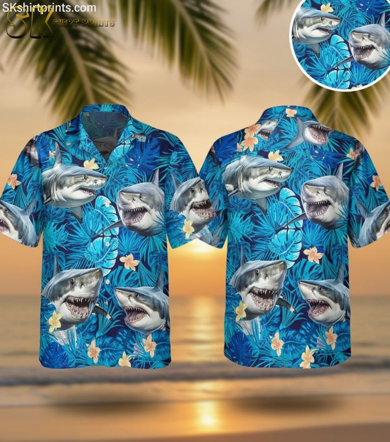 Shark Hawaiian Shirt for Men Women – Tropical Ocean Aloha Button Down Short Sleeve Beach Shirt