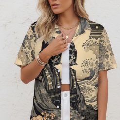 Product specs infographic showing Hawaiian shirts Star Wars size chart, fabric details, and feature callouts