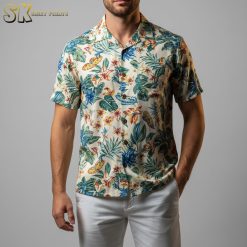 Hawaiian shirts tactical style with combat gear motifs and palm tree background