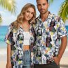Man wearing Star Wars themed Hawaiian shirt with tropical galaxy print in relaxed outdoor setting