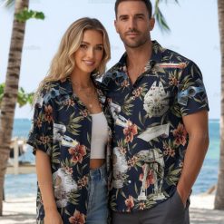 Male wearing hawaiian star wars shirt in relaxed vacation pose with beach resort background setting