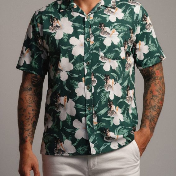 Hawaiian tactical shirt in color 2 with military-themed tropical pattern