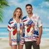 Person in hilarious Hawaiian shirt with novelty print standing in tropical vacation setting