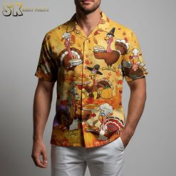 Smiling person modeling humorous Hawaiian shirt with funny tropical print in outdoor setting