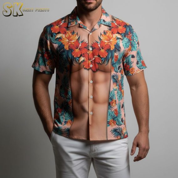 Man in bright humorous Hawaiian shirt sitting on beach chair with ocean backdrop, relaxed vacation setting