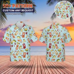 Male model wearing funny print Hawaiian shirt in casual lifestyle setting