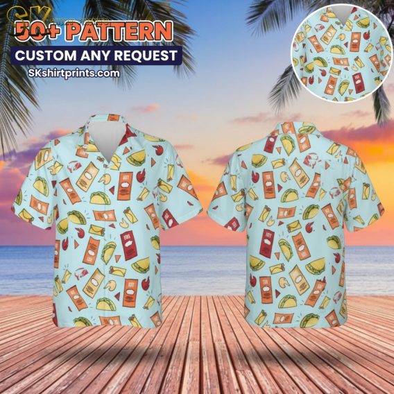 Male model wearing funny print Hawaiian shirt in casual lifestyle setting