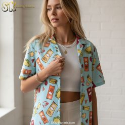 Infographic showing size chart and fabric details for comedy Hawaiian shirts with feature callouts