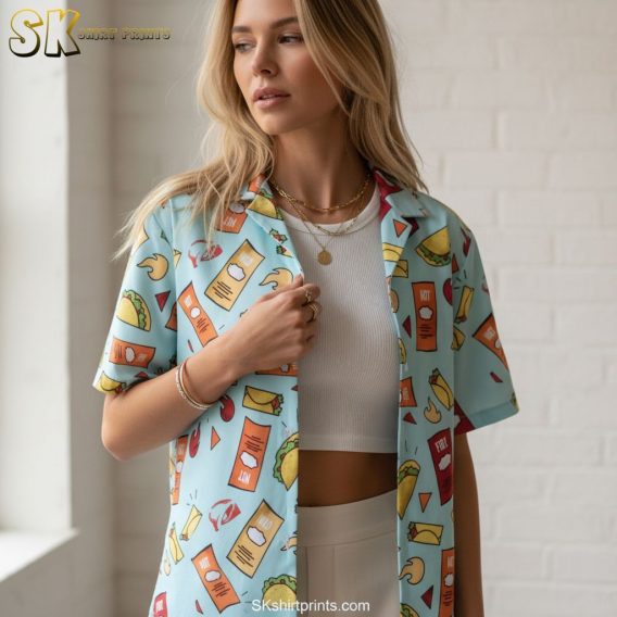 Infographic showing size chart and fabric details for comedy Hawaiian shirts with feature callouts