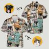 Person wearing hot rod hawaiian shirts with travel landmarks dog cat van pattern