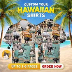 Model displays ford bronco shirt containing landmark buildings country signs cats dogs