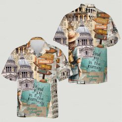 Human modeling miata design shirt featuring cathedral directional signpost backpack traveler elements