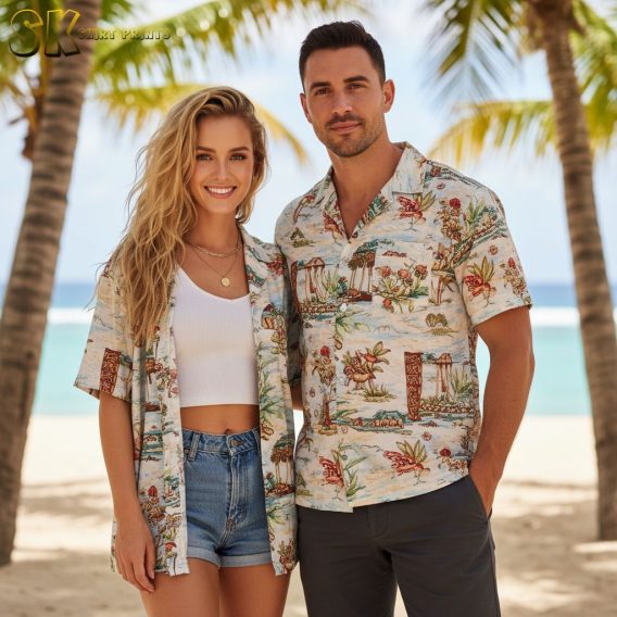 Person wearing joke-themed tropical Aloha shirt in beach vacation scene
