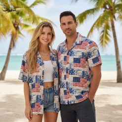 Male model wearing patriotic button down Aloha shirt at beach setting for Fourth of July celebration
