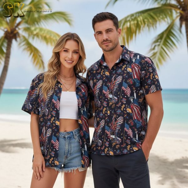 Patriotic Hawaiian Shirt - Stars & Stripes All-Over Print Button Down for Beach Vacation & Summer Events