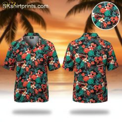 Jurassic Park Hawaiian shirt featuring dinosaur and tropical leaf print on black background