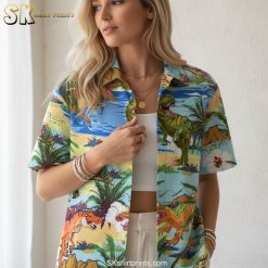 Jurassic Park hawaiian shirt size specifications chart showing measurements and fabric details
