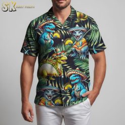 Jurassic Park Hawaiian shirt with vintage dinosaur graphics and tropical island theme in retro color scheme
