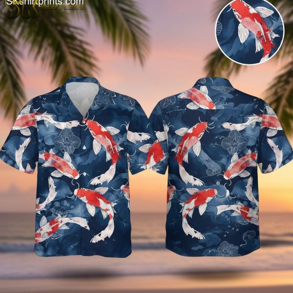 Koi Fish Hawaiian Shirt for Men - Japanese Carp Short Sleeve Button Down Beach Aloha Shirt