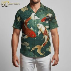 Men's Hawaiian shirt with fish design showing colorful koi swimming pattern in traditional Asian art style