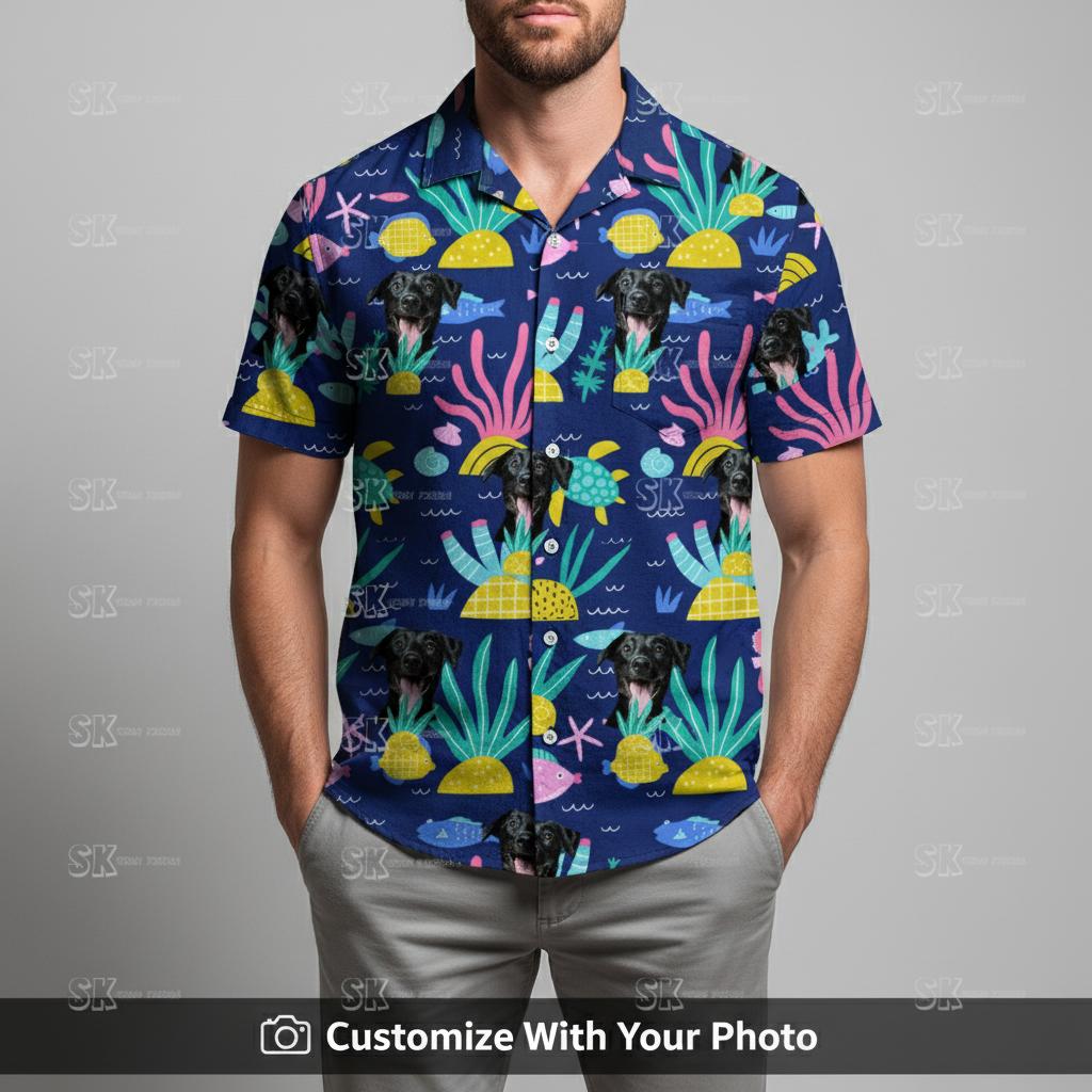 Blue Spongebob Dog Face Hawaiian Shirt Custom Photo Print Design - dog hawaiian shirt