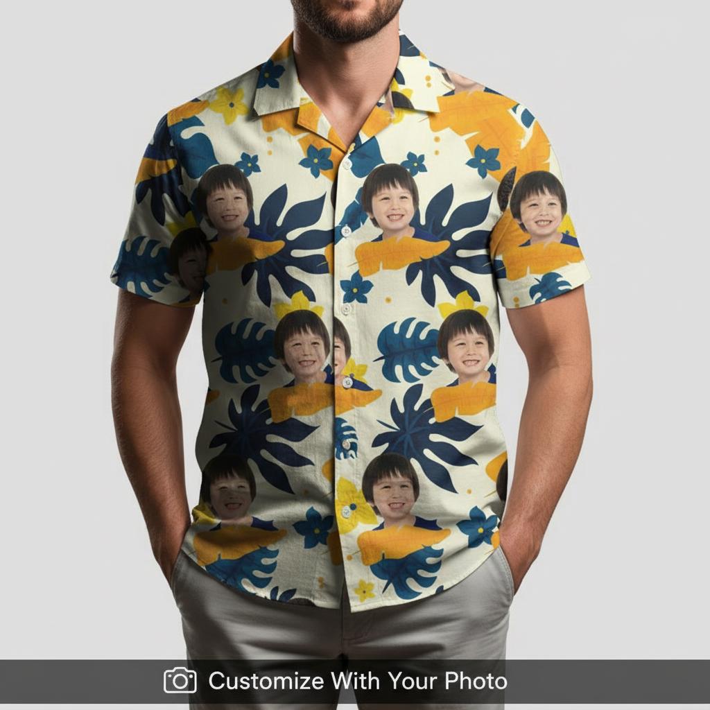 Man in custom Hawaiian shirt featuring child’s face, vibrant blue leaves and orange blooms
